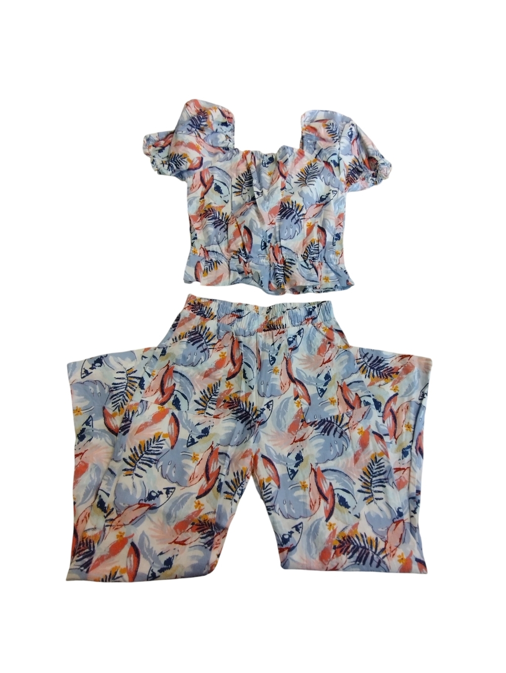 NWOT Vince Camuto Girls Tropical Print Two-Piece Pant Set - Blue & Coral Linen